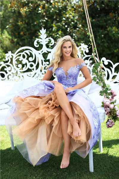 Tarik Ediz - 50500 Floral Lace Appliqued A-Line Prom Gown In Purple