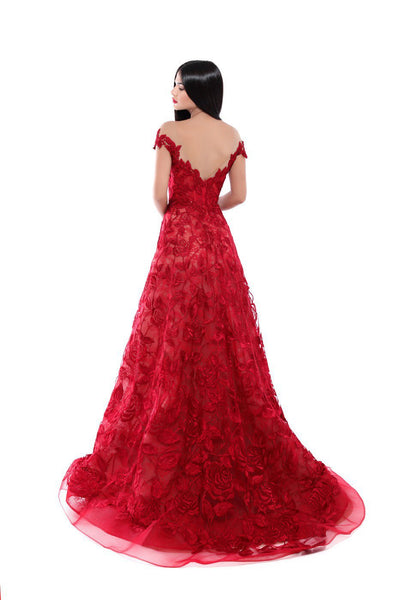 Tarik Ediz - 50500 Floral Lace Appliqued A-Line Prom Gown In Red