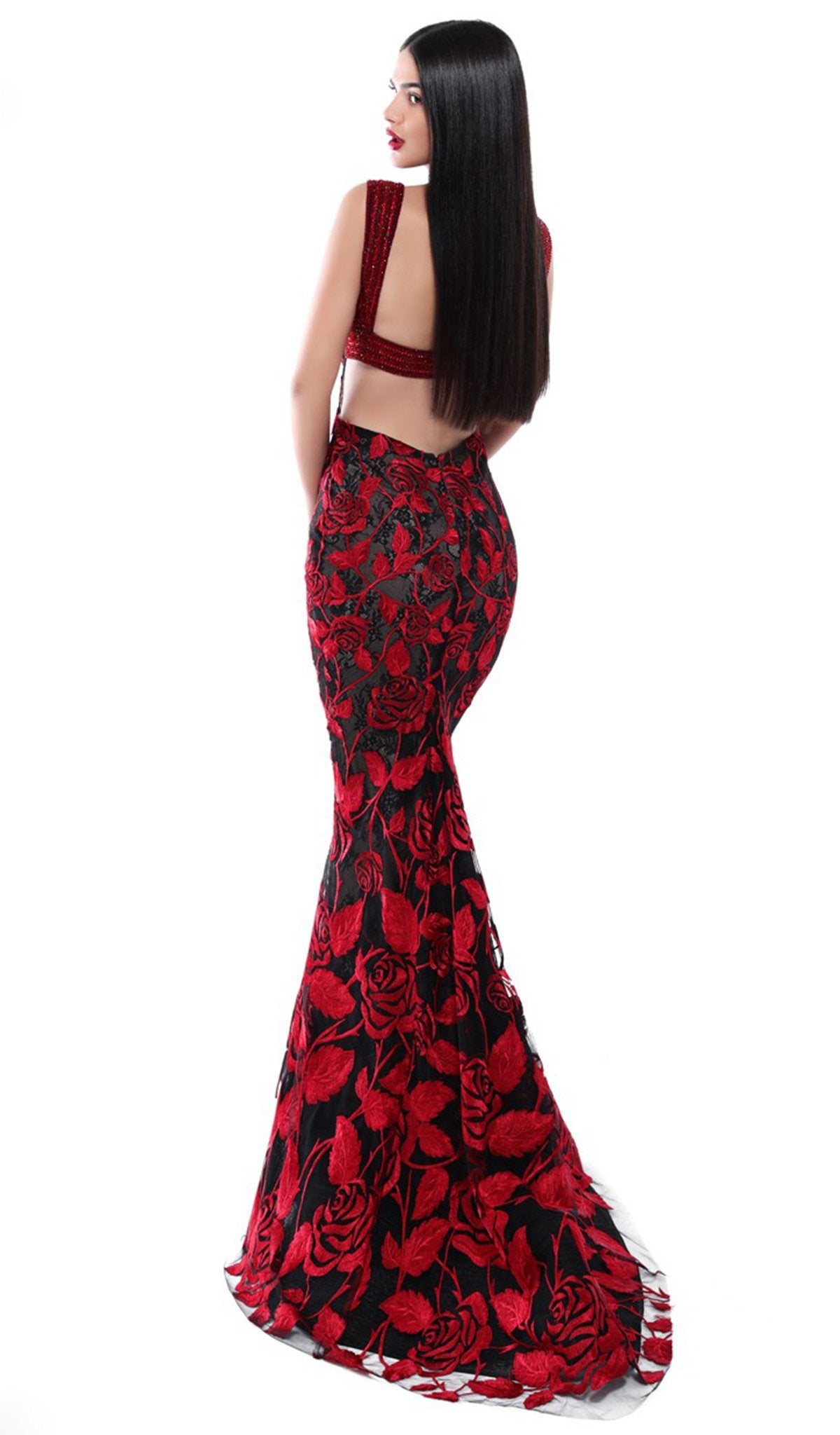 Tarik Ediz - 50502 Embellished Floral Lace Mermaid Dress In Black and Red