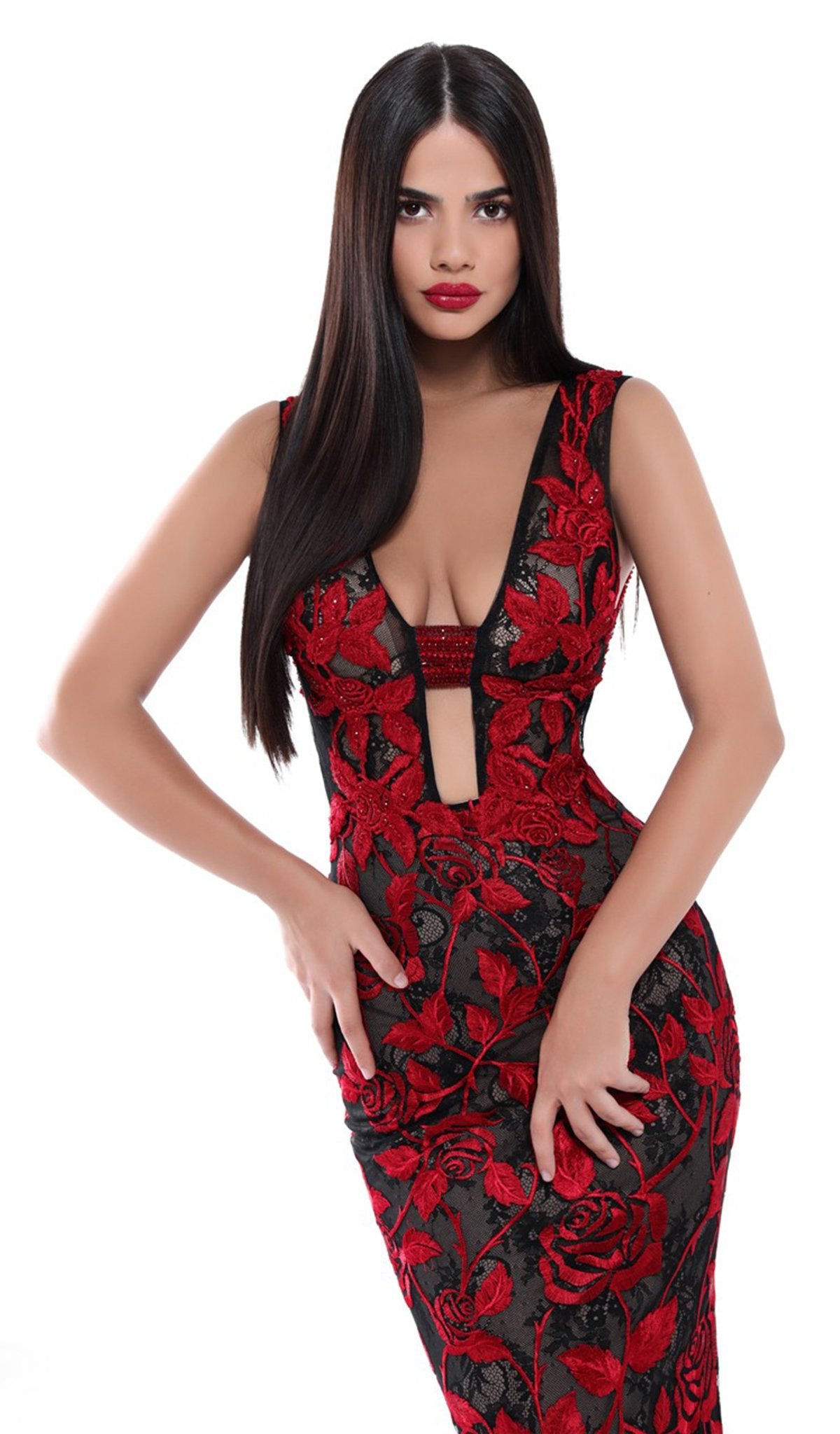 Tarik Ediz - 50502 Embellished Floral Lace Mermaid Dress In Black and Red