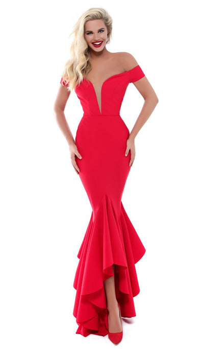 Tarik Ediz - 50513 Plunging Off Shoulder High Low Mermaid Gown In Red