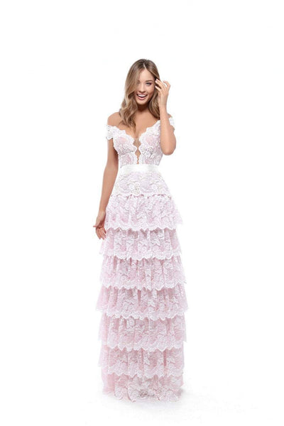 Tarik Ediz - 50544 Allover Lace Multi-Layered Skirt Long Formal Dress In Pink