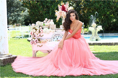 Tarik Ediz - 50555 Rose Embroidered Strapless Pleated Ballgown In Pink