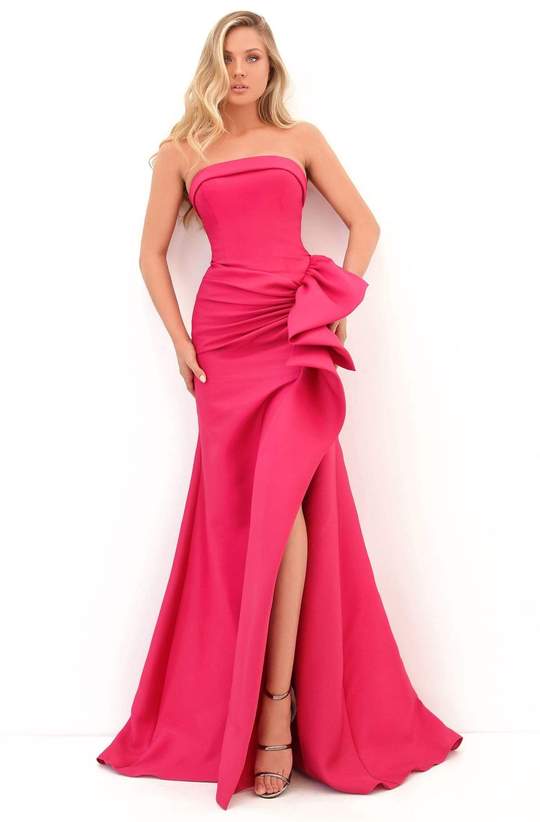Tarik Ediz - 50700SC Side Drape High Slit Strapless Full Gown In Pink
