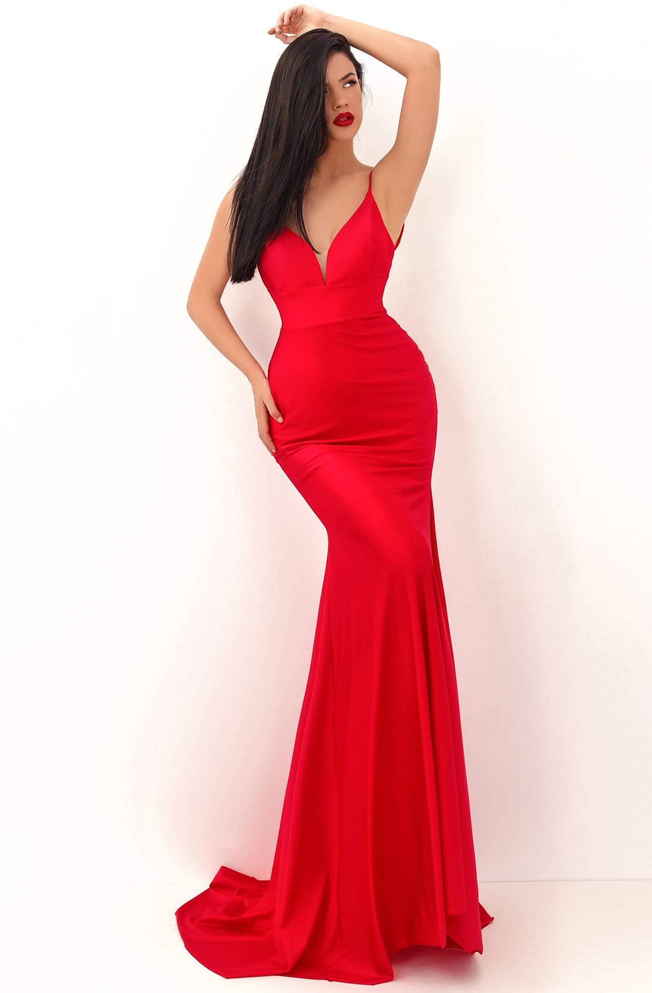 Tarik Ediz - 50722 Deep V-neck Trumpet Dress With Train Evening Dresses 0 / Red