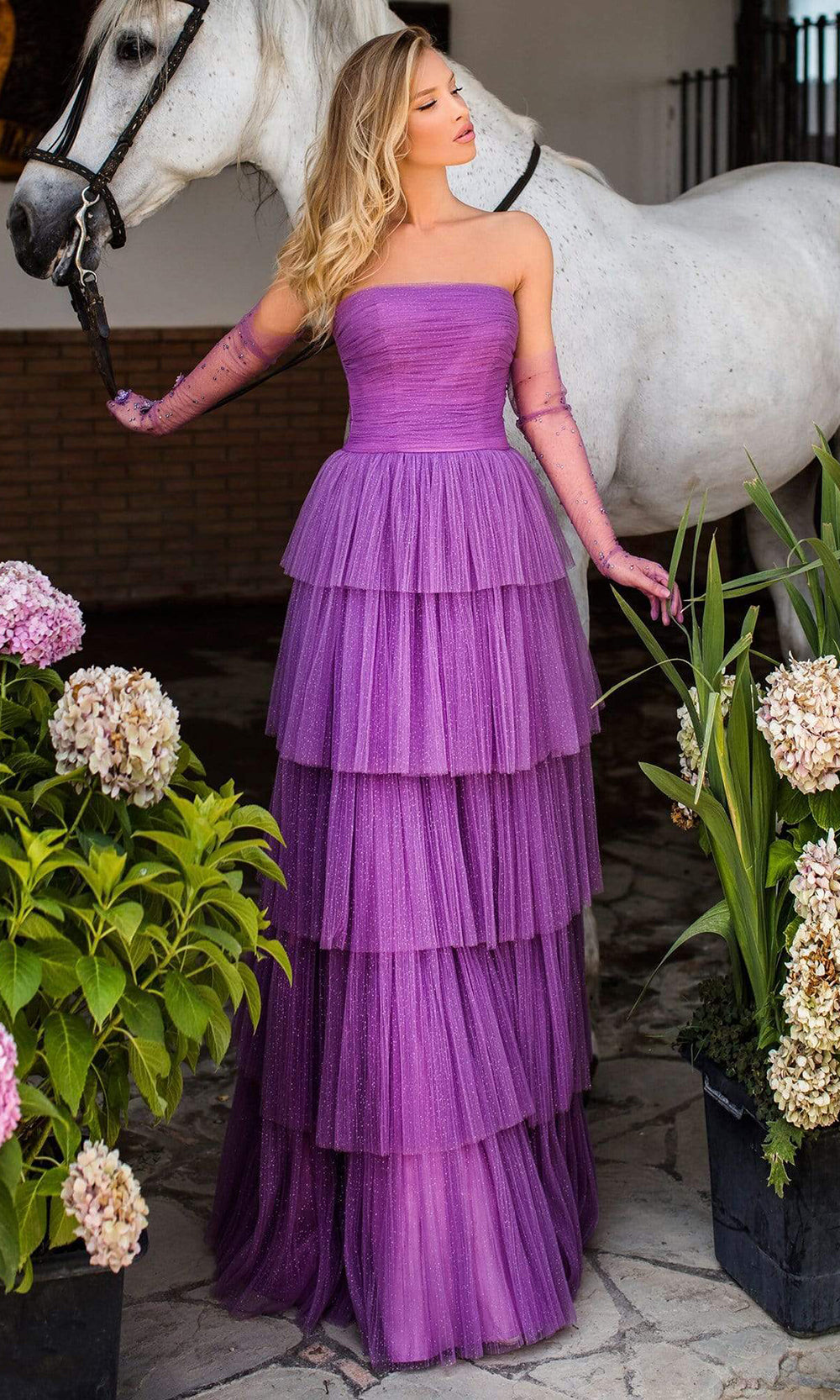 Tarik Ediz - 50768SC Tulle Tiered Glittery A-line Gown In Purple