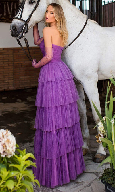 Tarik Ediz - 50768SC Tulle Tiered Glittery A-line Gown In Purple