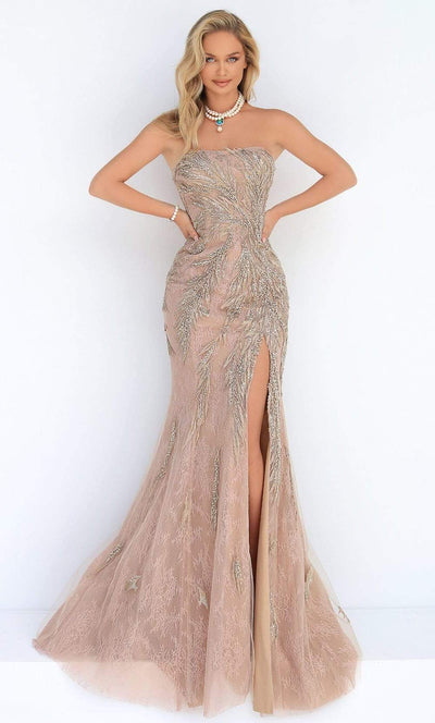 Tarik Ediz - 50878 Strapless Embroidered High Slit Gown Evening Dresses 0 / Stone