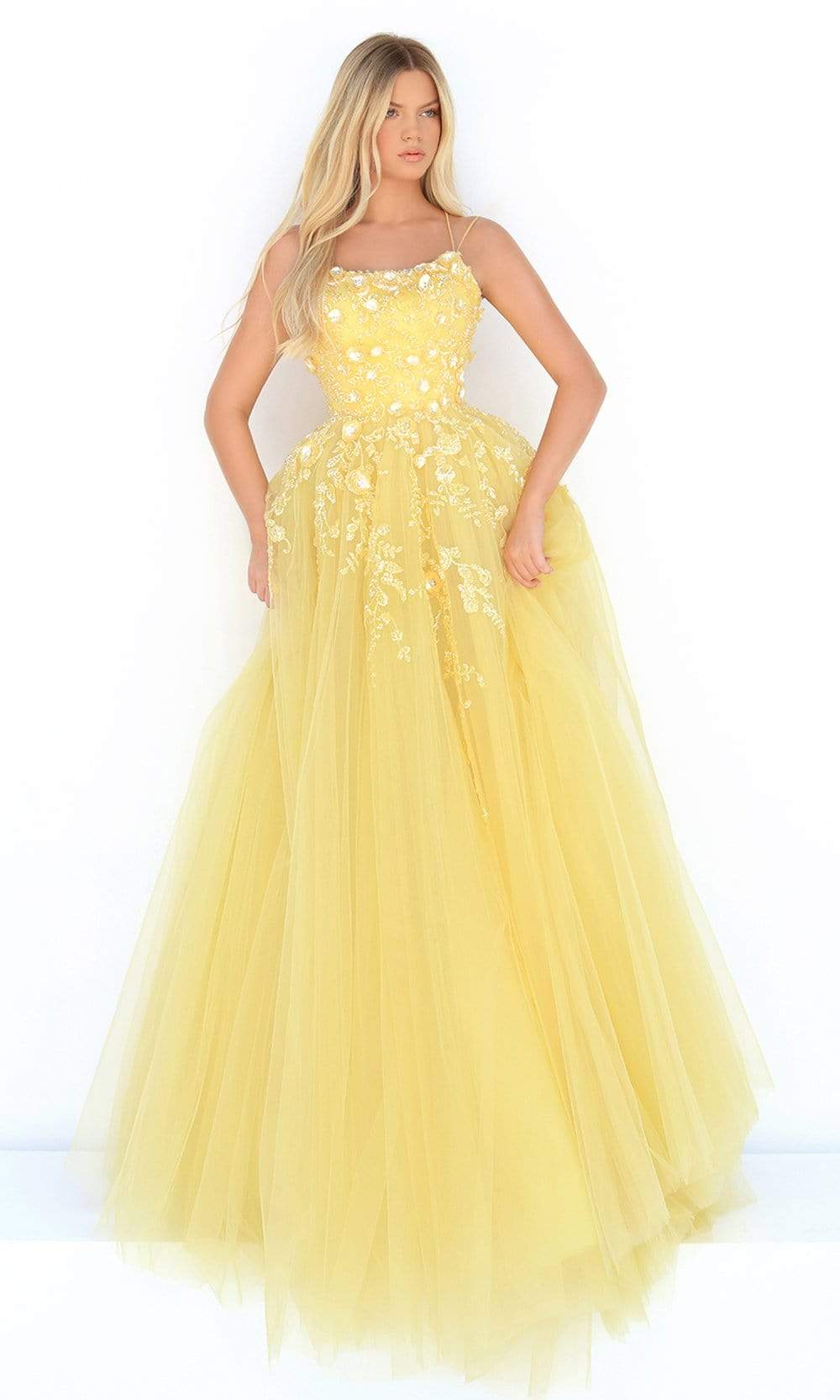 Tarik Ediz - 50893 Embroidered Scoop Neck Tulle Gown Prom Dresses 0 / Yellow