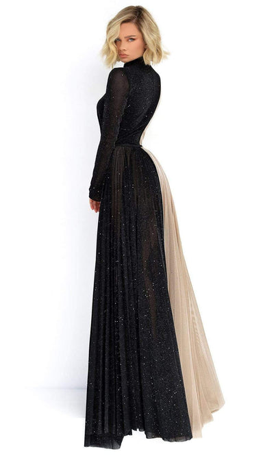 Tarik Ediz - Two-Tone Long Sleeves Evening Dress 50902 - 1 pc Black/Stone In Size M Available CCSALE M / Black/Stone