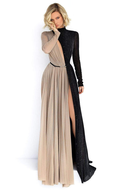 Tarik Ediz - Two-Tone Long Sleeves Evening Dress 50902 - 1 pc Black/Stone In Size M Available CCSALE M / Black/Stone