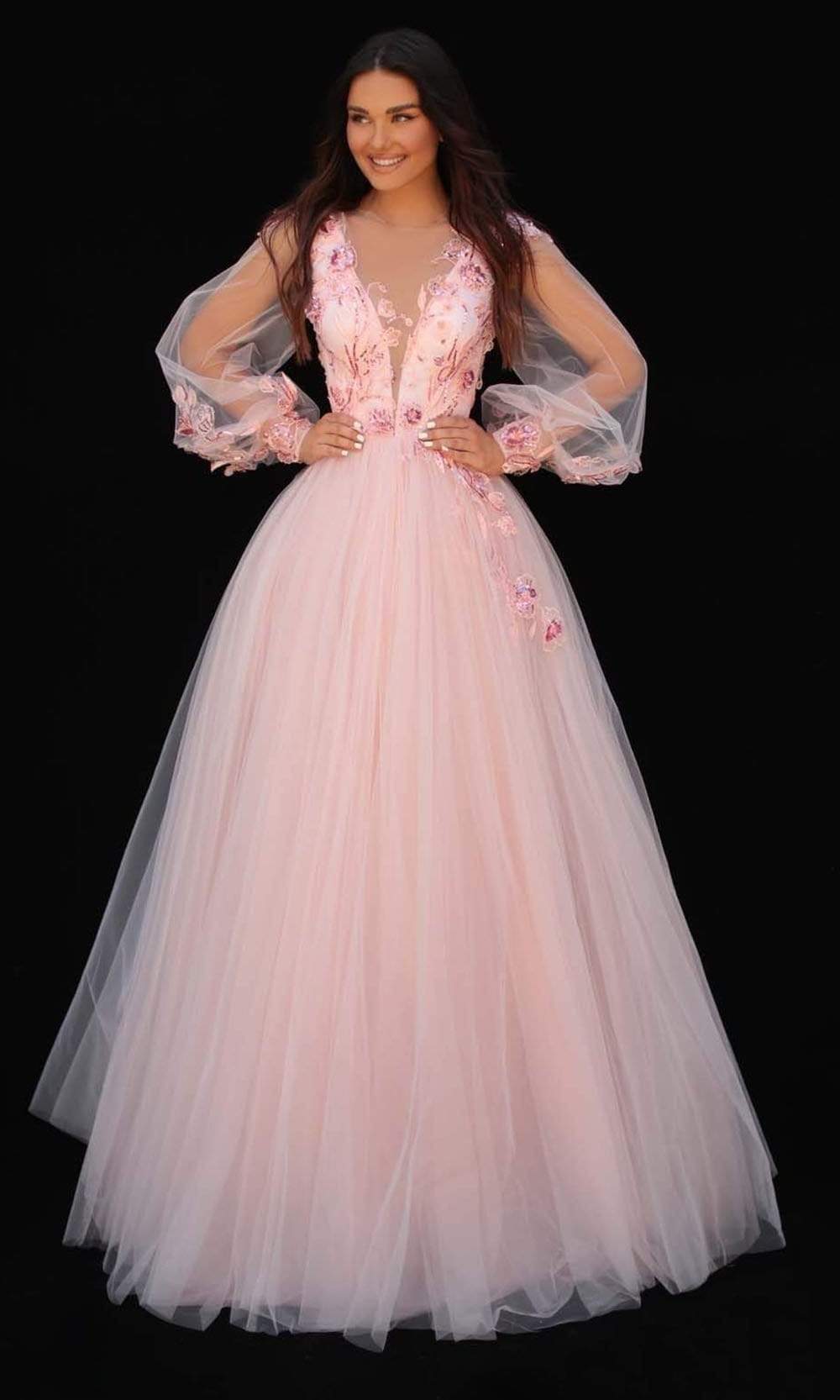 Tarik Ediz - 51033 Sheer Lace Applique Gown Evening Dresses 0 / Pink