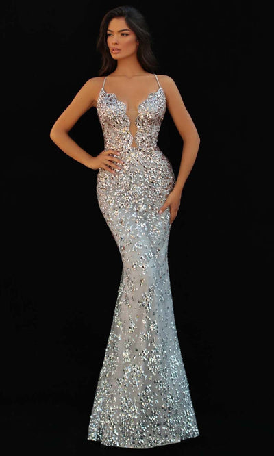 Tarik Ediz - 51049 Scallop Plunge Sequin Gown Prom Dresses 0 / Gold/Silver