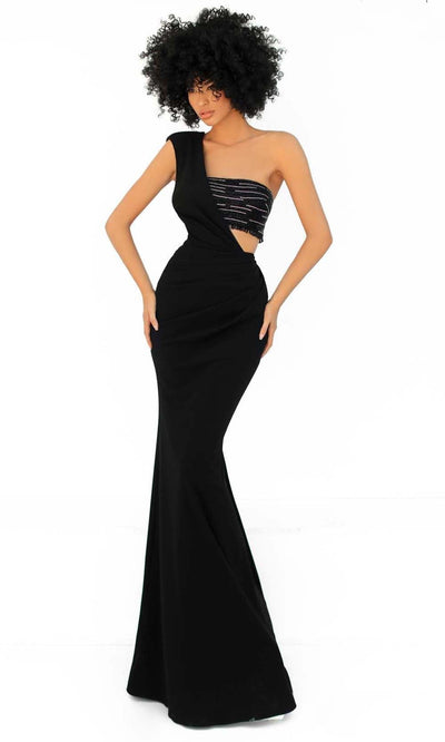 Tarik Ediz - 51058 Embellished Asymmetrical Evening Dress Evening Dresses 0 / Black