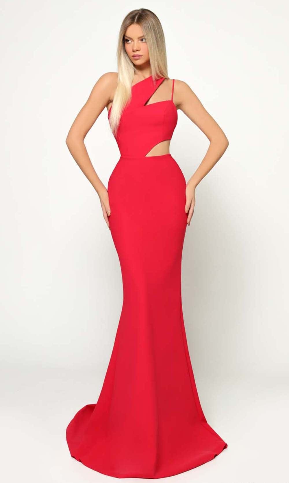Tarik Ediz - 51194 Asymmetrical Cutout Long Gown Prom Dresses 0 / Red