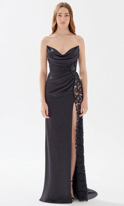 Tarik Ediz 52013 - Pleated Lace Evening Dress Evening Dresses 00 / Black