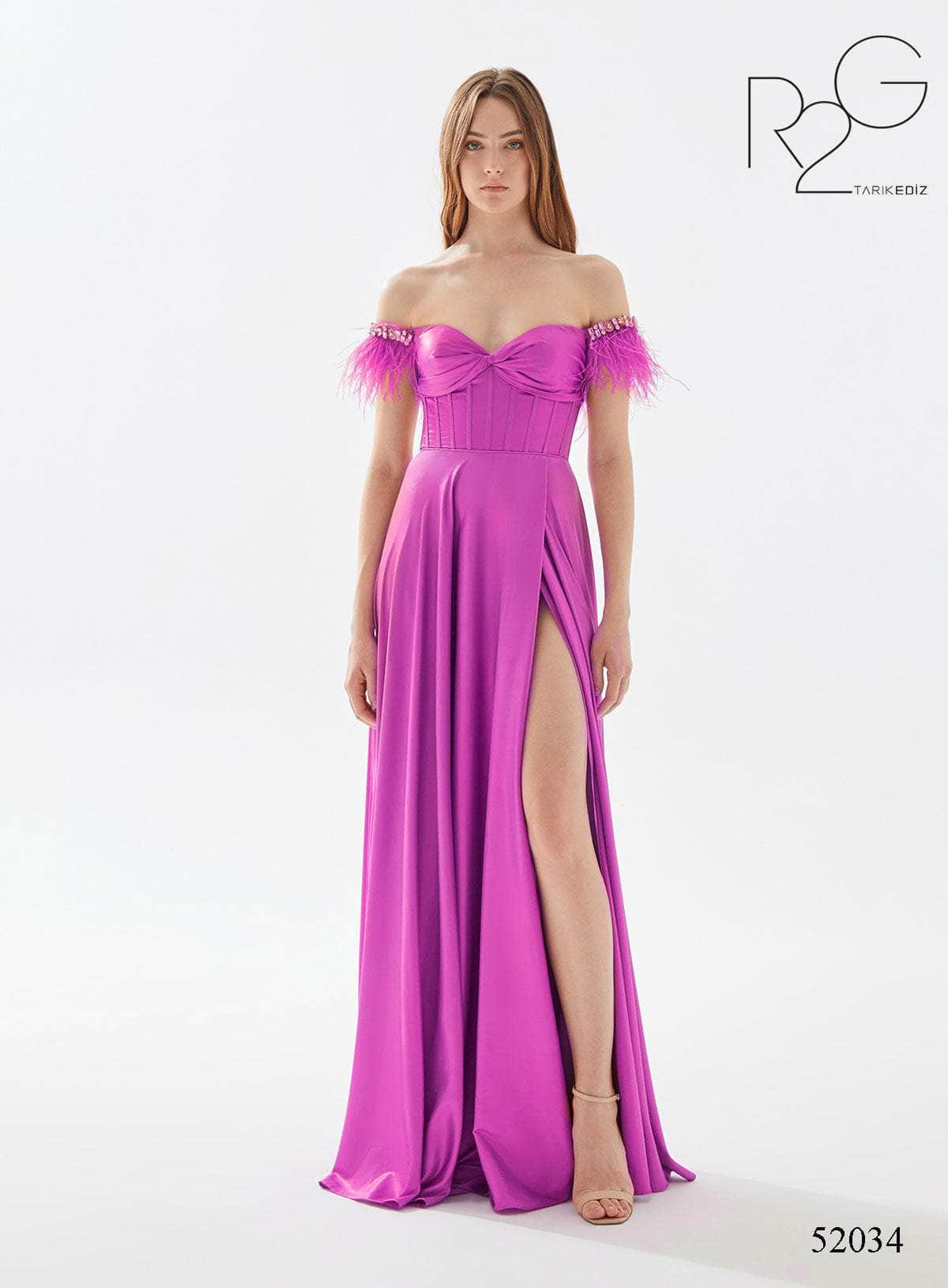 Tarik Ediz 52034 - Feathered Off-Shoulder Prom Dress Prom Dresses 0 / Fuchsia