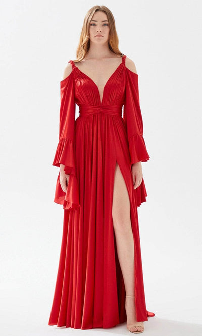 Tarik Ediz 52051 - Shirr Ornate A-Line Prom Dress Prom Dresses 00 / Red