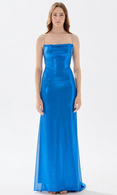Tarik Ediz 52057 - Beaded Strap Sheath Prom Gown Prom Dresses 00 / Bijou Blue