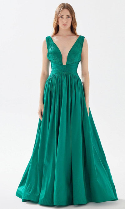 Tarik Ediz 52062 - Ruched Provocative Taffeta Gown Prom Dresses 00 / Emerald