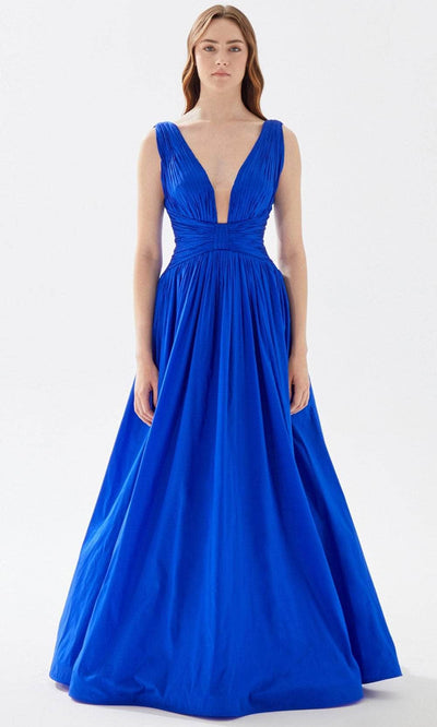 Tarik Ediz 52062 - Ruched Provocative Taffeta Gown Prom Dresses 00 / Royal Blue