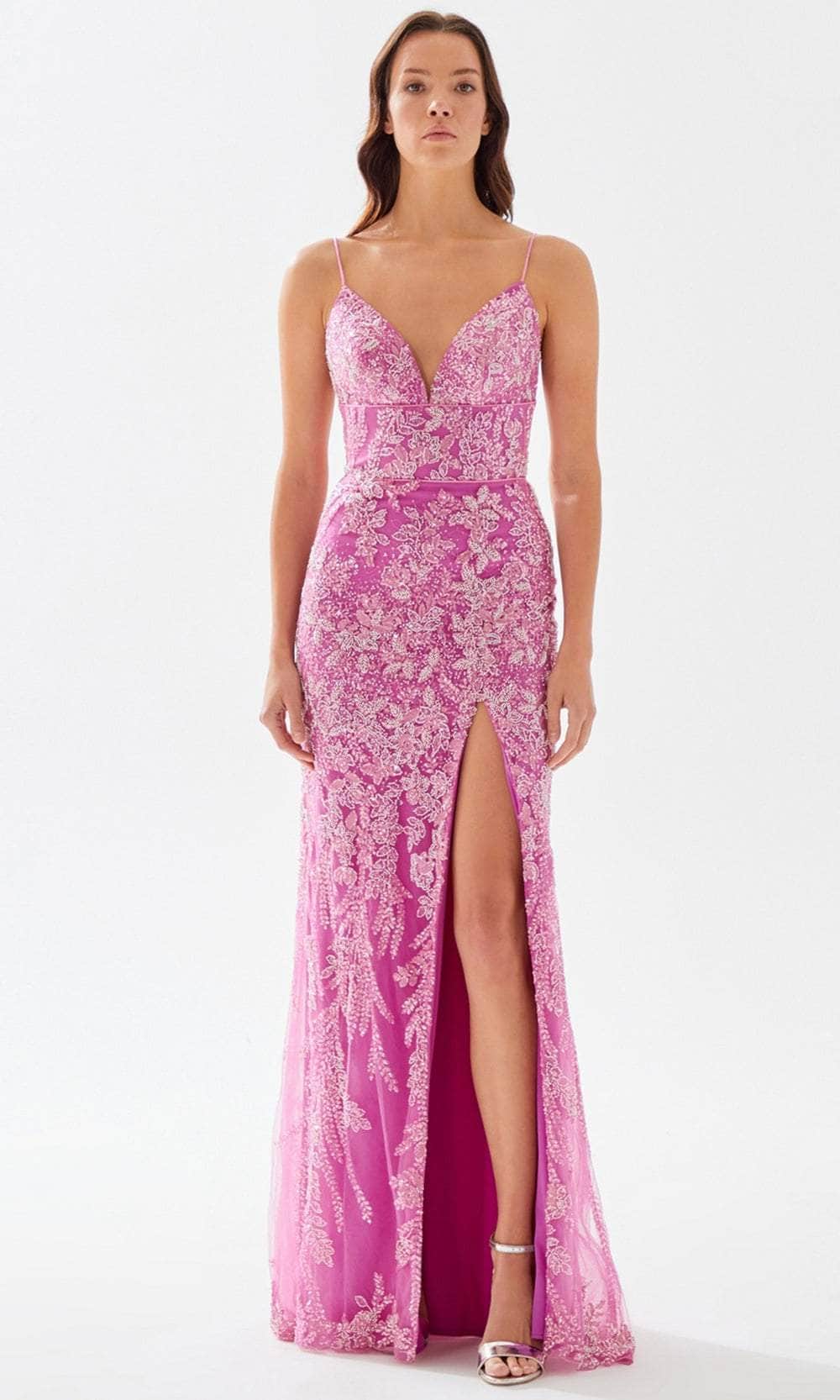 Tarik Ediz 52090 - Beaded Lace-Up Back Prom Gown Prom Dresses 00 / Fuchsia
