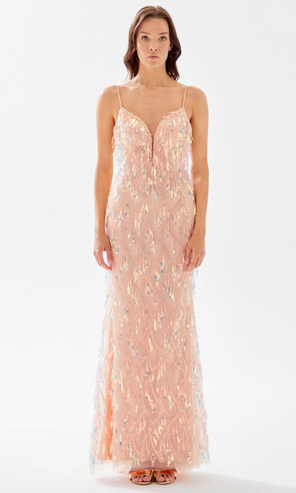 Tarik Ediz 52091 - Wire Thin Strapped Embellished Dress Prom Dresses 00 / Rose Gold
