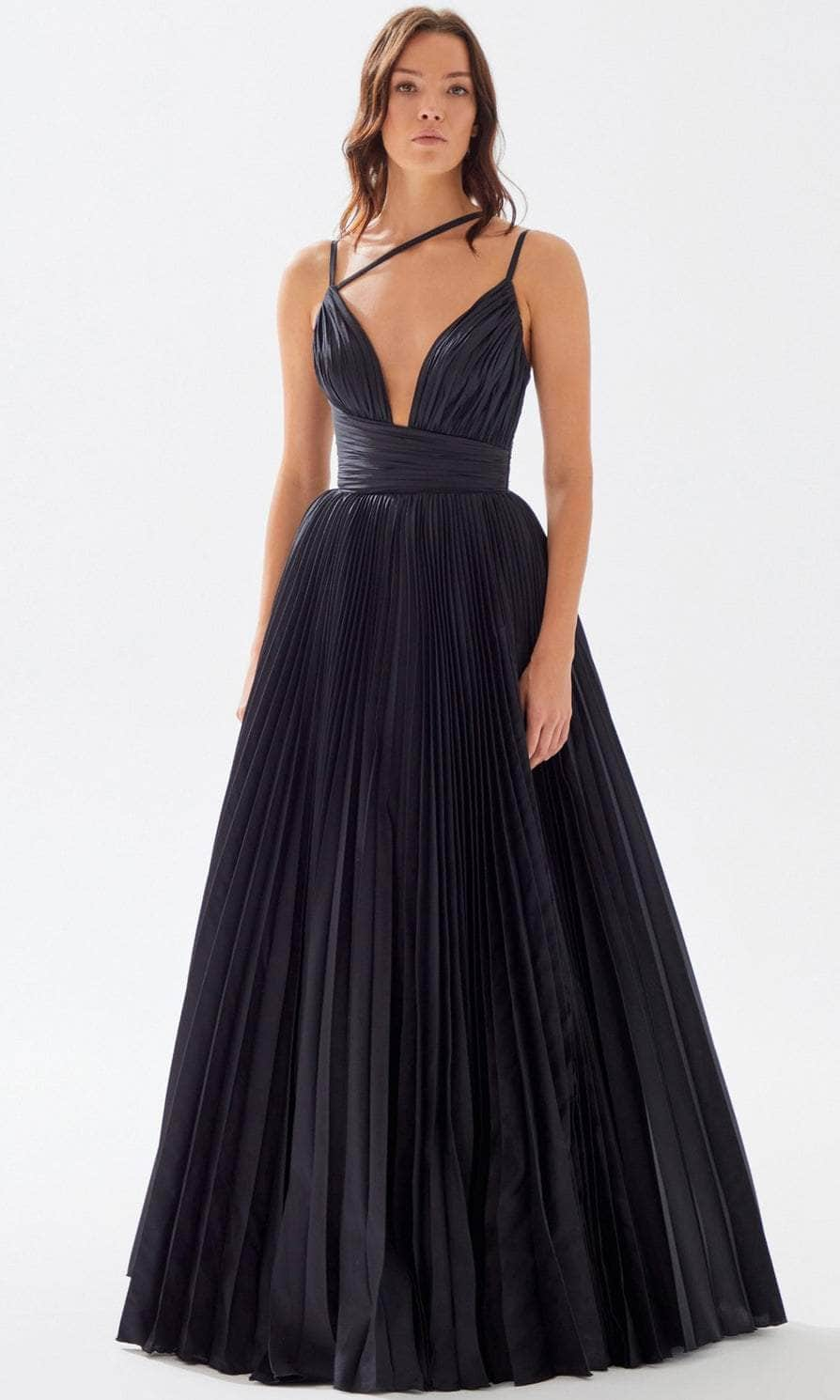 Tarik Ediz 52103 - Strap-Ornate Pleated Prom Dress Special Occasion Dress 00 / Black