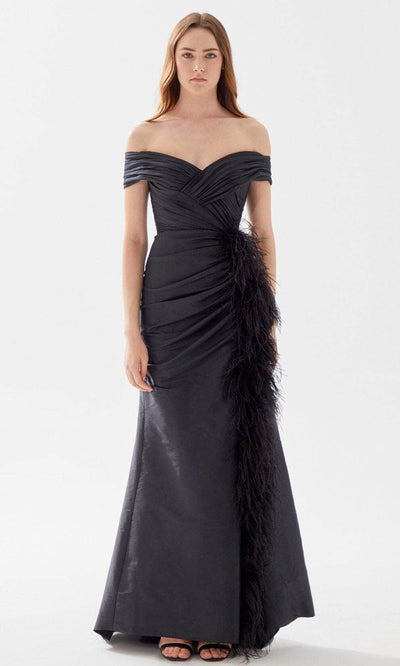 Tarik Ediz 52112 - Ruched and Feathered Evening Gown Evening Dresses 00 / Black