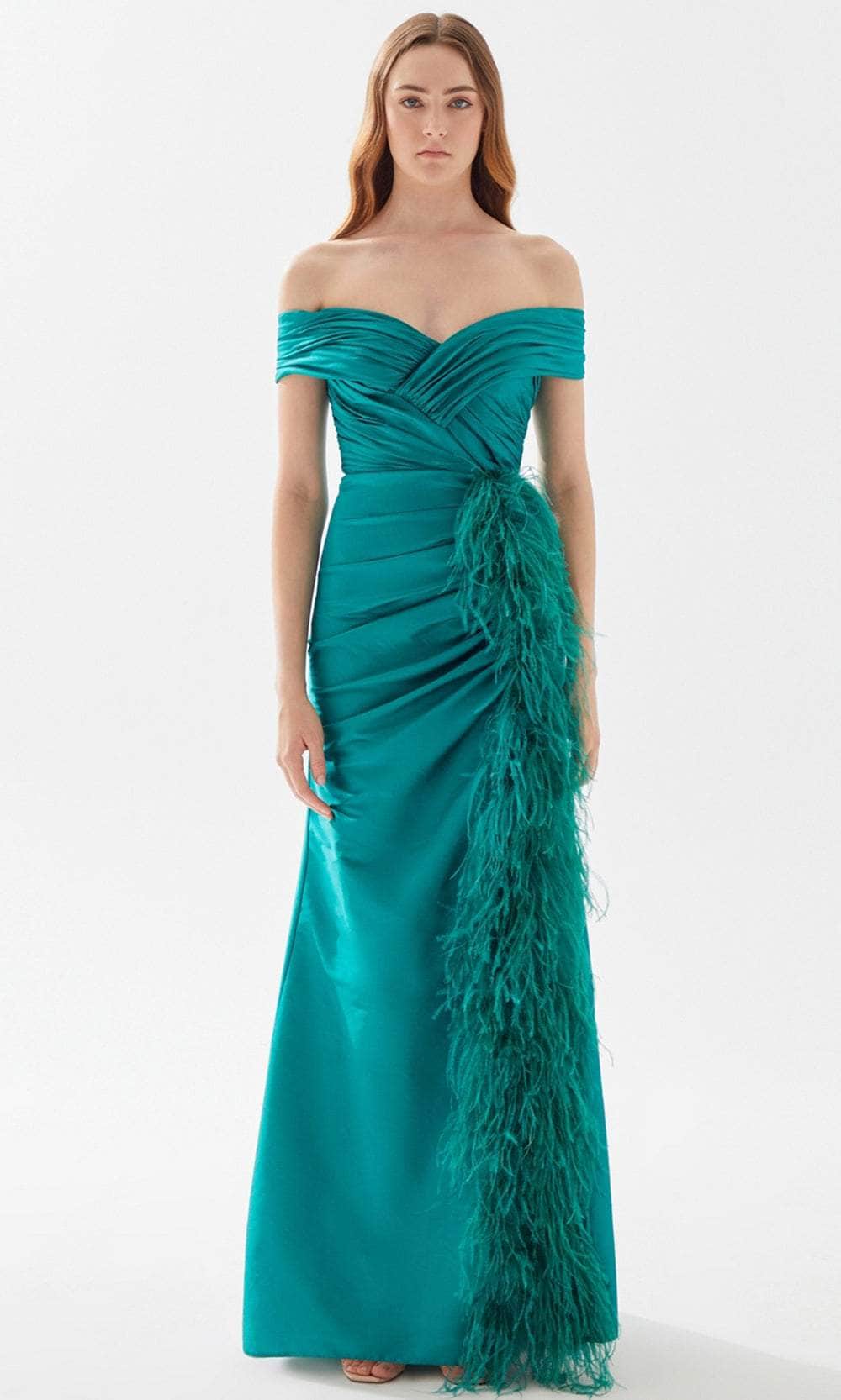 Tarik Ediz 52112 - Ruched and Feathered Evening Gown Evening Dresses 00 / Emerald