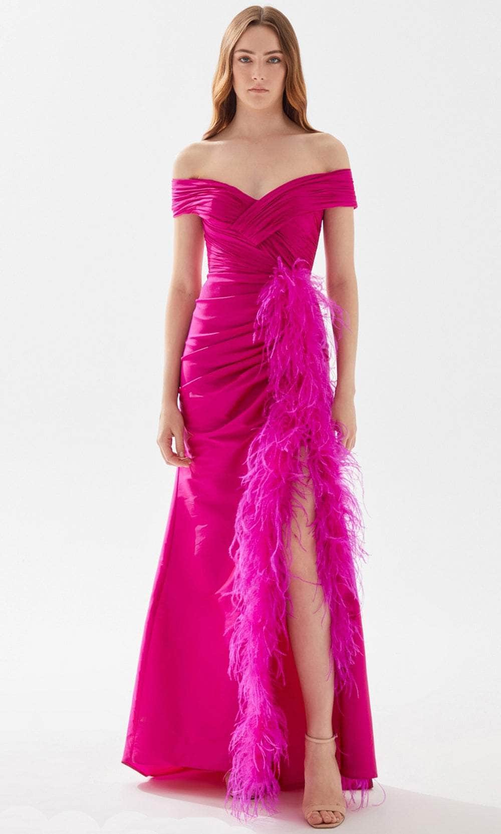 Tarik Ediz 52112 - Ruched and Feathered Evening Gown Evening Dresses 00 / Fuchsia
