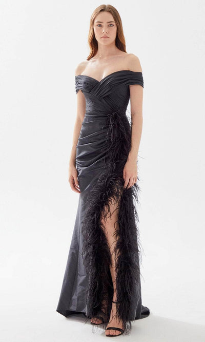 Tarik Ediz 52112 - Ruched and Feathered Evening Gown Evening Dresses