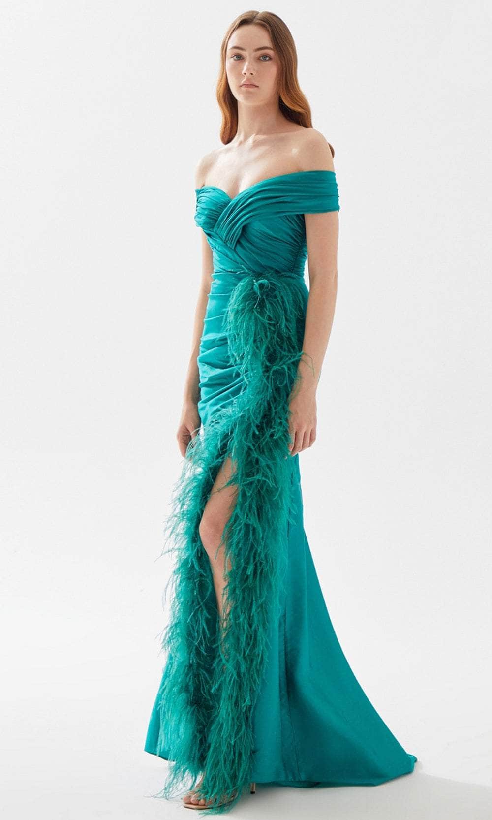 Tarik Ediz 52112 - Ruched and Feathered Evening Gown Evening Dresses