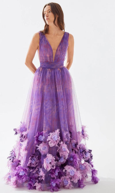 Tarik Ediz 52143 - 3D Floral Embellished Flowy Dress Prom Dresses