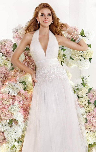 Tarik Ediz 92346 - Plunging Halter Shirred Evening Gown Bridesmaid Dresses 10 / Krem