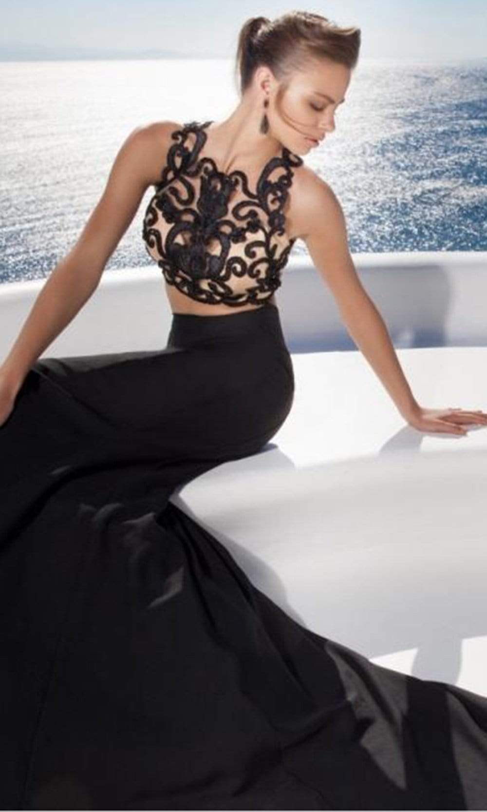 Tarik Ediz - 92564SC Two Piece Body Sculpted Embroidered Gown In Black