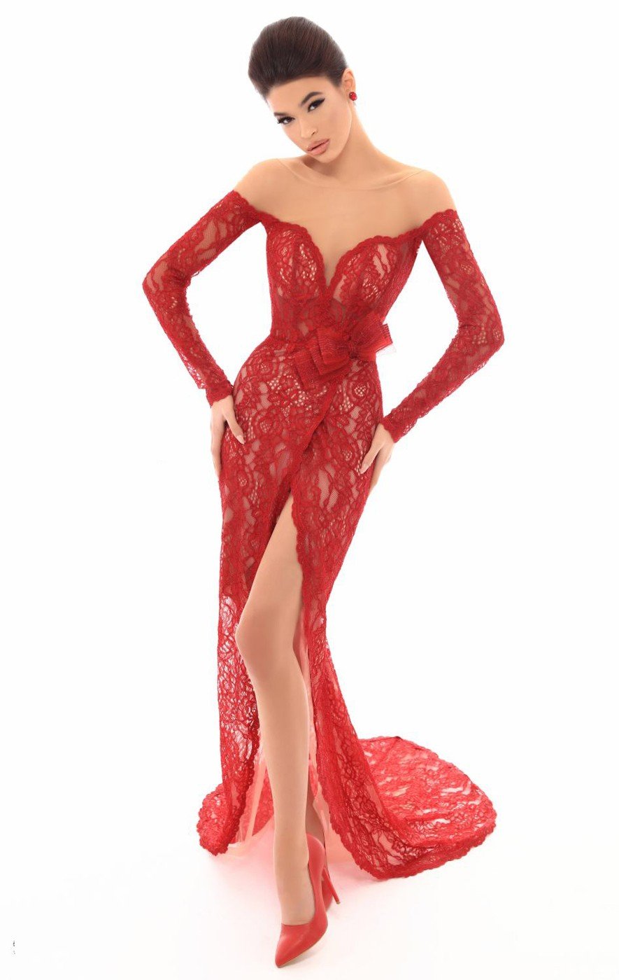Tarik Ediz - 93625 Long Sleeve Illusion Lace Surplice Evening Dress In Red
