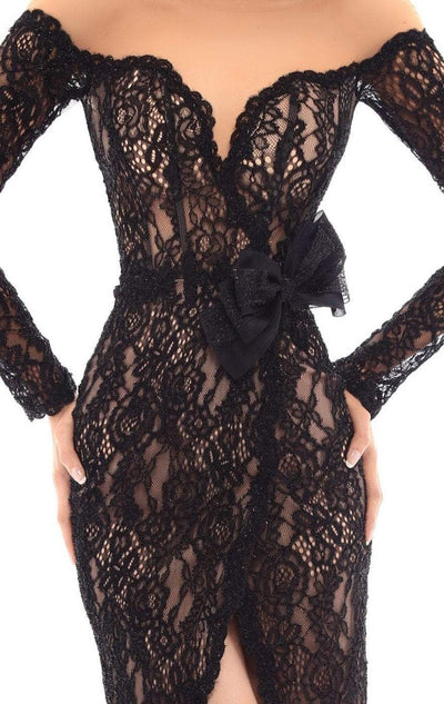 Tarik Ediz - 93625 Long Sleeve Illusion Lace Surplice Evening Dress In Black