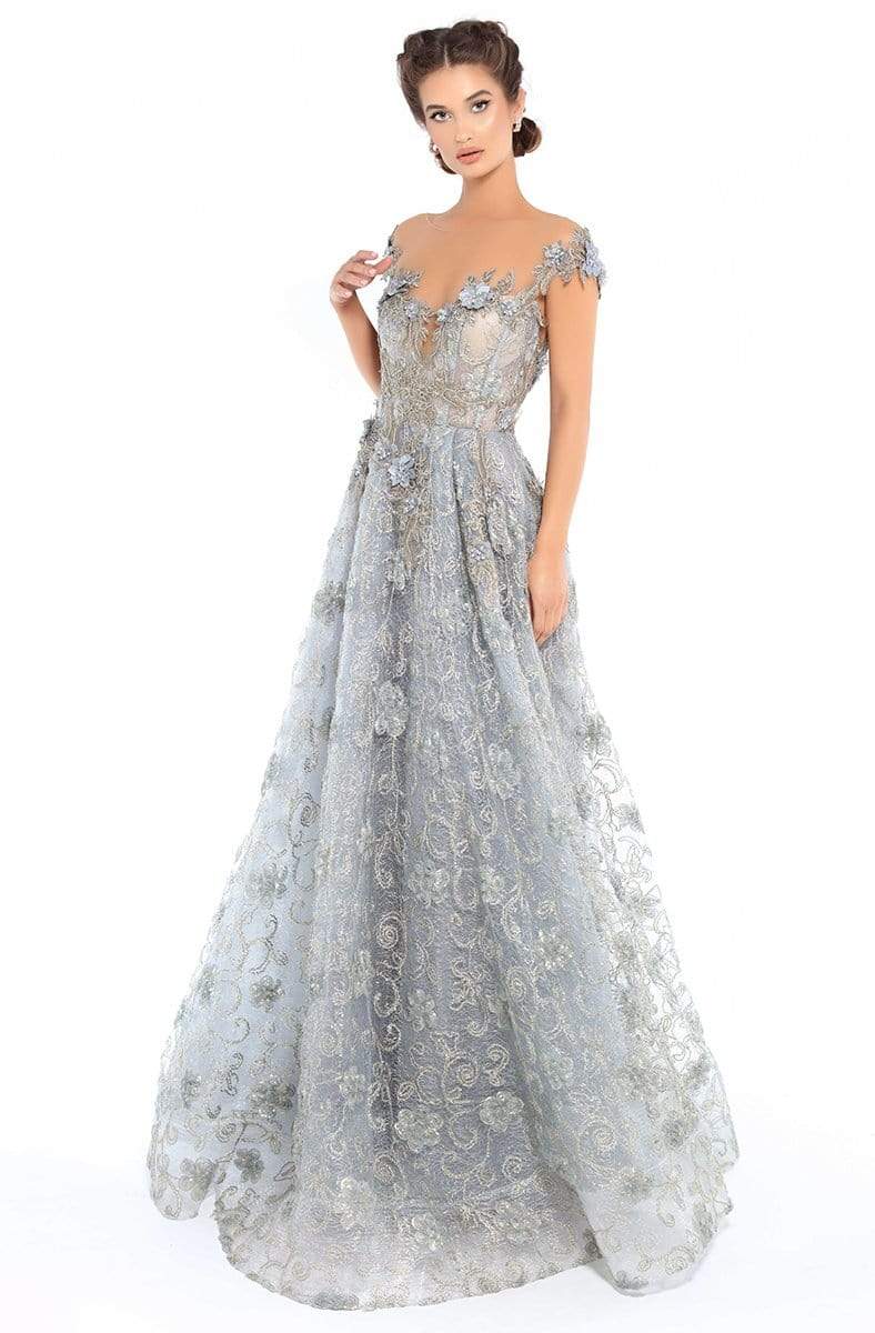 Tarik Ediz - 93654 Floral Applique Illusion Neck A-line Dress Prom Dresses 2 / Cloudy Blue