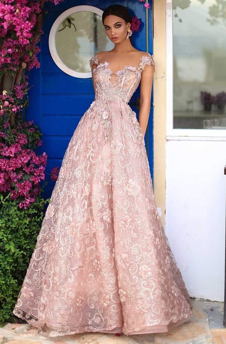 Tarik Ediz - 93654 Floral Applique Illusion Neck A-line Dress Prom Dresses 2 / Dusty Rose