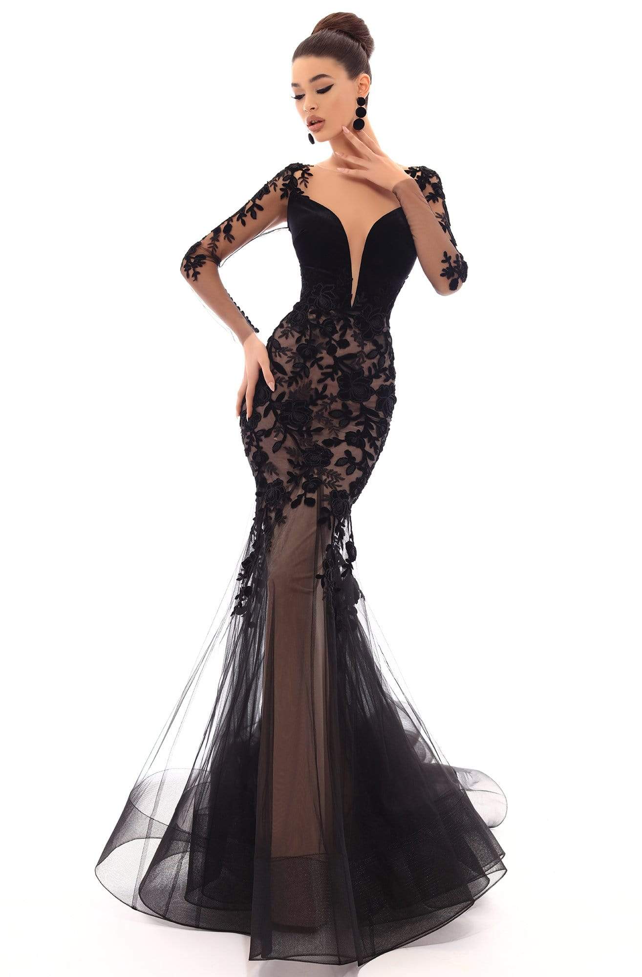 Tarik Ediz - 93656 Floral Applique Illusion Bateau Mermaid Dress Pageant Dresses 0 / Black