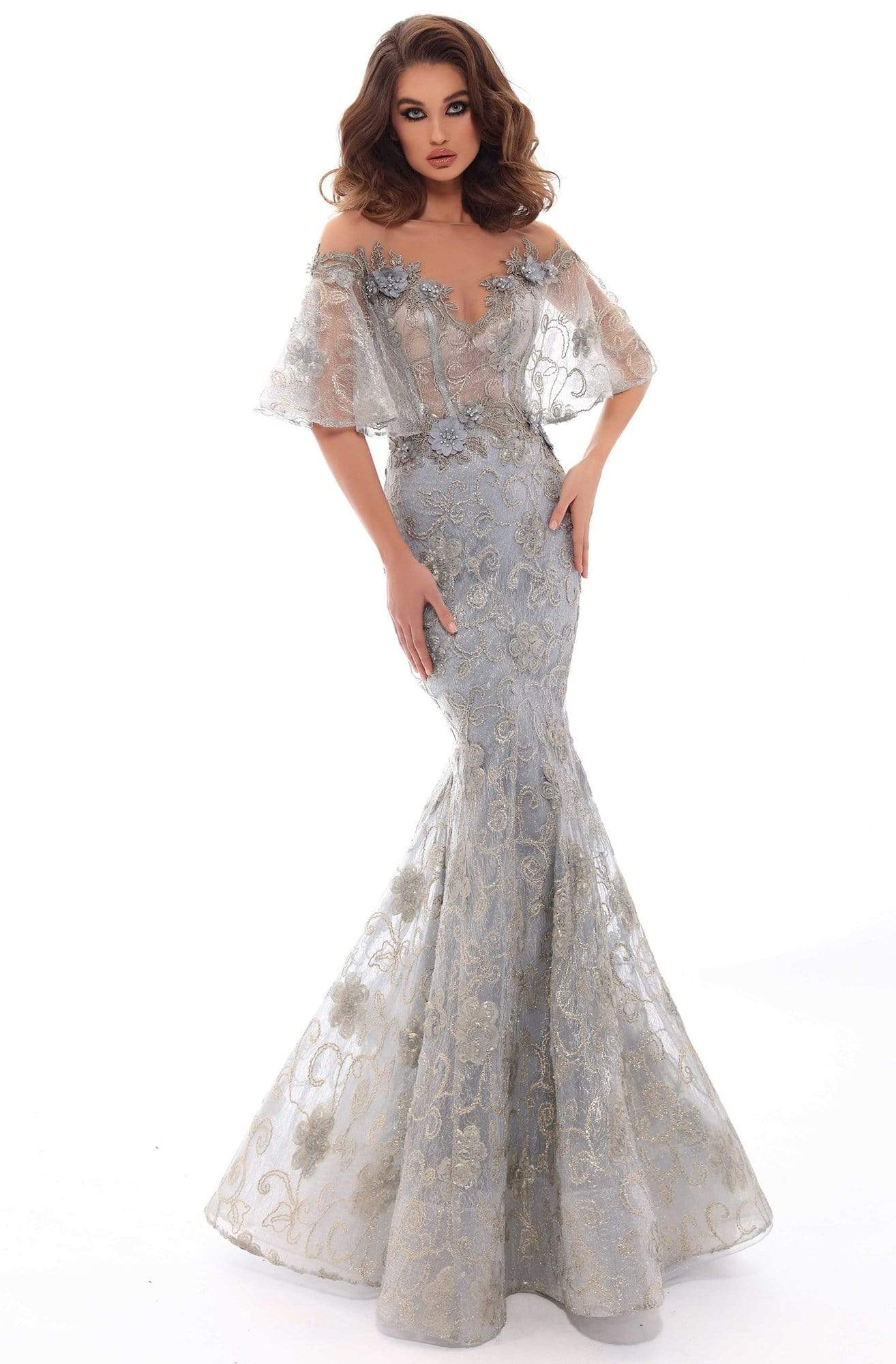 Tarik Ediz - 93660 Floral Applique Mermaid Dress With Train Evening Dresses 2 / Cloudy Blue