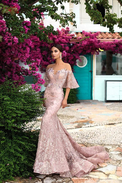 Tarik Ediz - 93660 Floral Applique Mermaid Dress With Train Evening Dresses 2 / Dusty Rose