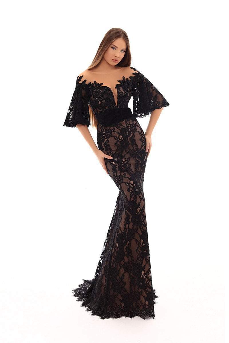 Tarik Ediz - 93662 Floral Embroidered Bat Sleeve Trumpet Dress Evening Dresses 2 / Black