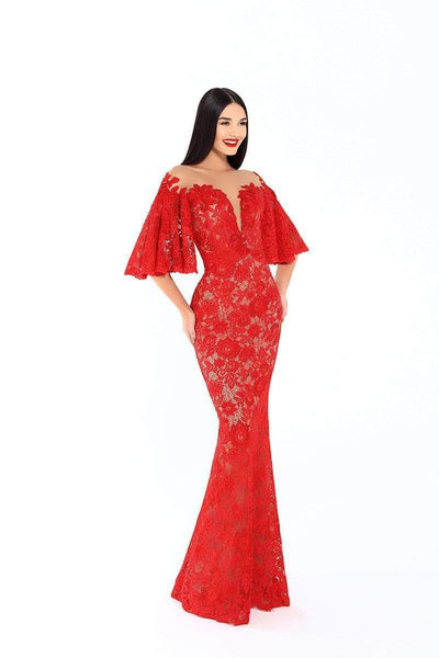 Tarik Ediz - 93662 Floral Embroidered Bat Sleeve Trumpet Dress Evening Dresses 2 / Red