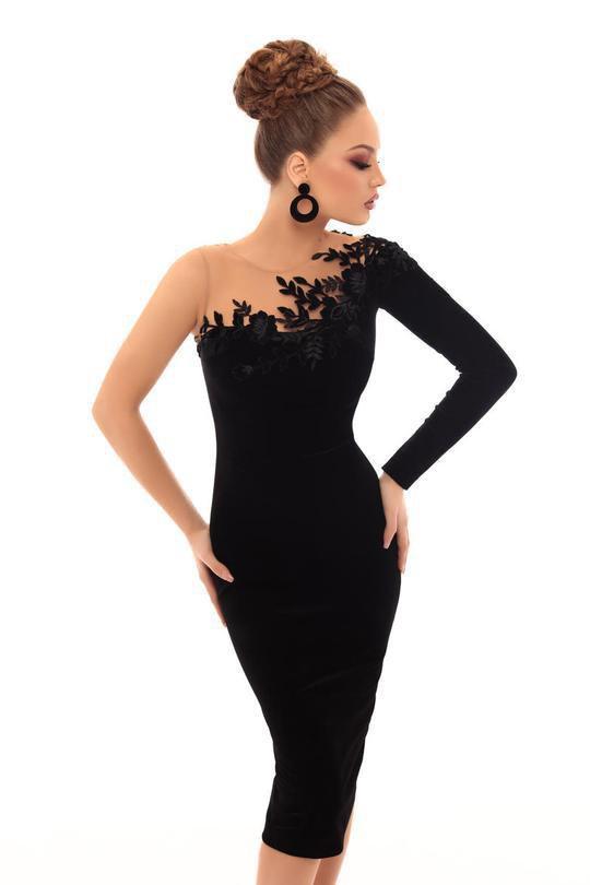 Tarik Ediz - 93664 Floral Applique Single Sleeve Sheath Dress Special Occasion Dress 0 / Black