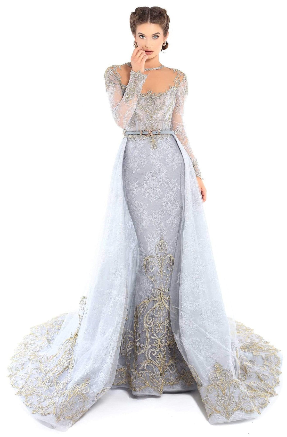 Tarik Ediz 93754 - Long Sheath/A-Line Dress - Sheer Neckline, Long Sleeves, Fitted, Lace Embroideries, Thin Belt, Floor Length, Back Keyhole, Back Zipper Closure, Cathedral Train ADASA Tarik Ediz 93754 - Long Sheath/A-Line Dress - Sheer Neckline, Long Sleeves, Fitted, Lace Embroideries, Thin Belt, Floor Length, Back Keyhole, Back Zipper Closure, Cathedral Train ADASA