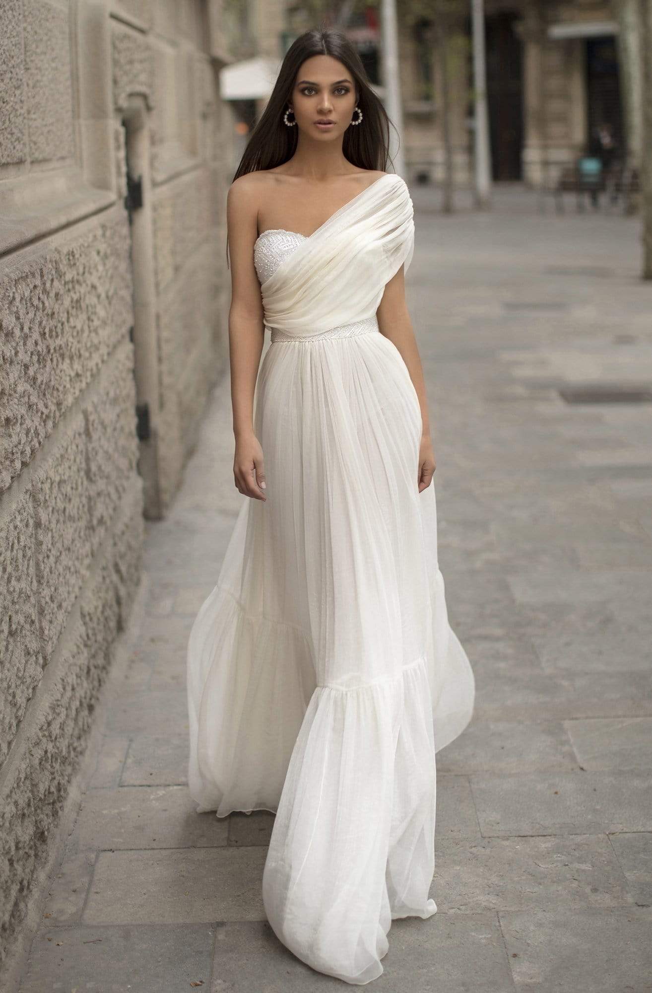 Tarik Ediz - 93814 Ruched Asymmetrical A-Line Dress Prom Dresses 0 / Ivory