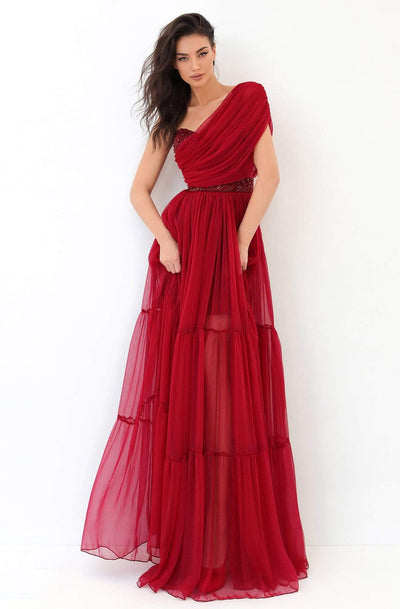 Tarik Ediz - 93814 Ruched Asymmetrical A-Line Dress Prom Dresses 0 / Red