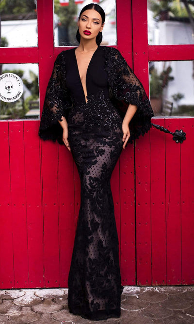 Tarik Ediz - Cape Sleeve Embellished Long Gown 93821 - 1 pc Navy In Size 16 Available CCSALE 16 / Navy